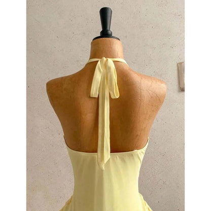 Ruched Halter Neck Mini Dress with Ribbon Tie Detail and Body Skimming Fit