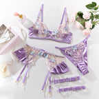 Romantic Blush Pink Satin-Finish Lingerie Set with Blue Floral Appliqués