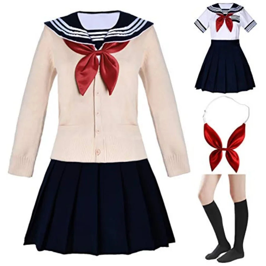 Women's Sailor-Inspired Uniform Set with Long Sleeve Top, Pleated Skirt and Matching Socks