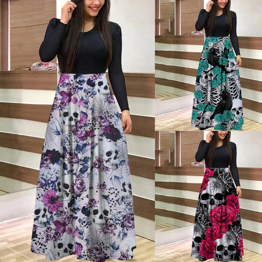 Dark Romantic Skull and Floral Gothic Maxi Dress with Elegant Fit