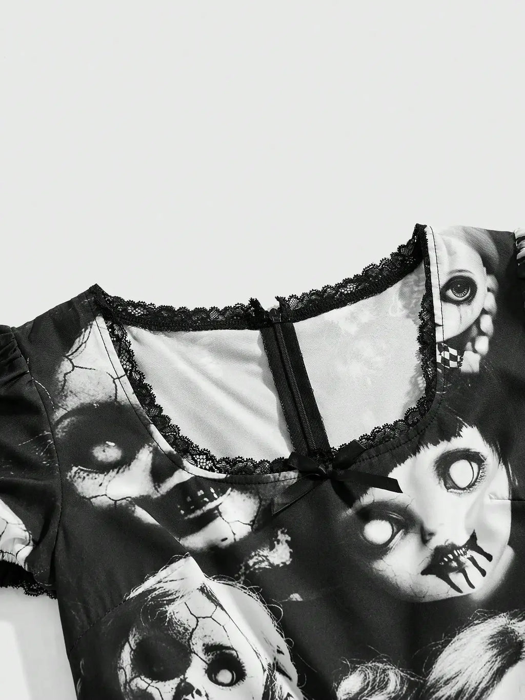Women's Gothic-Inspired Graphic Print Mini Dress with Lace Patchwork and Puff Sleeves