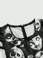 Women's Gothic-Inspired Graphic Print Mini Dress with Lace Patchwork and Puff Sleeves