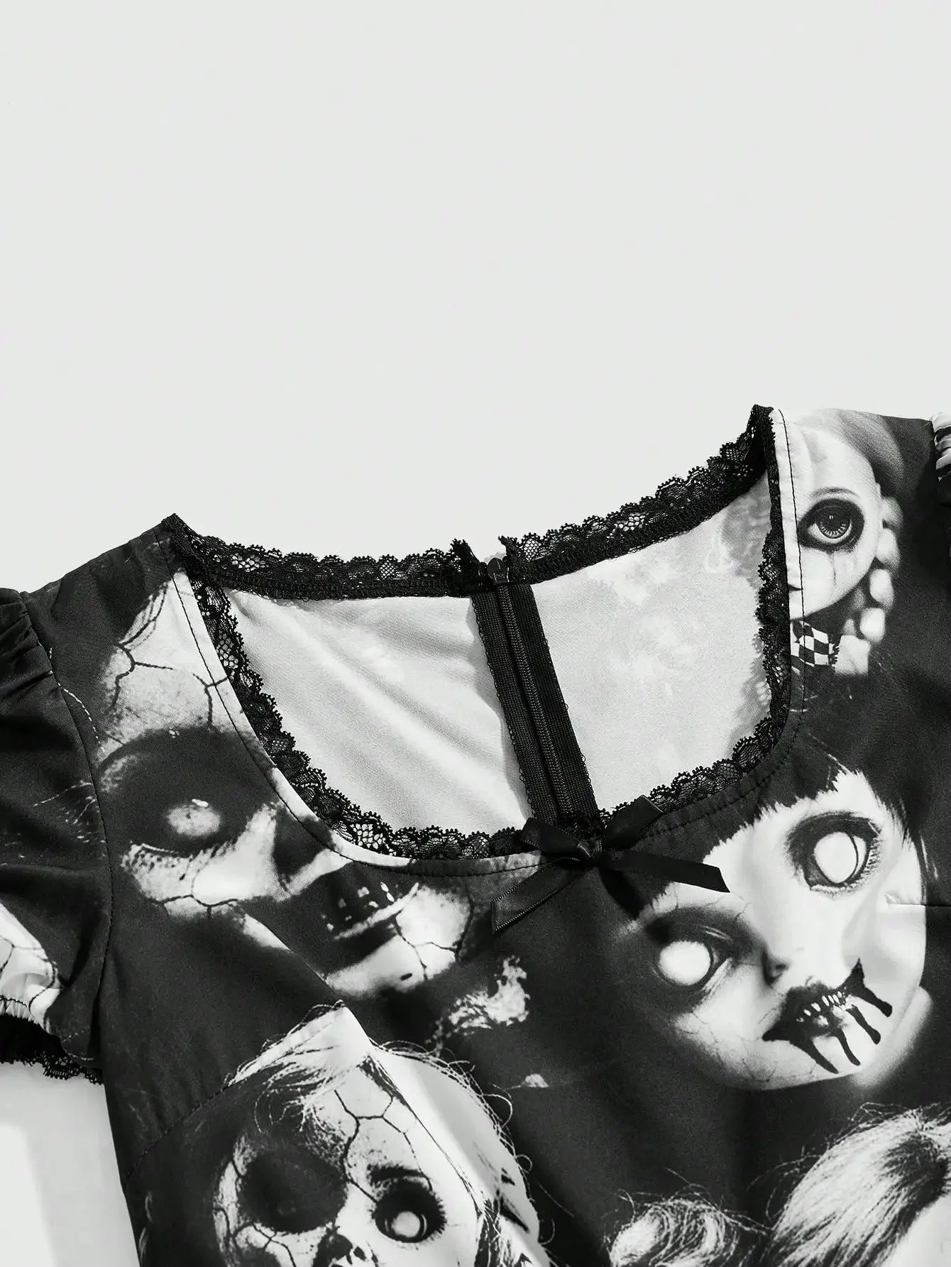 Women's Gothic-Inspired Graphic Print Mini Dress with Lace Patchwork and Puff Sleeves