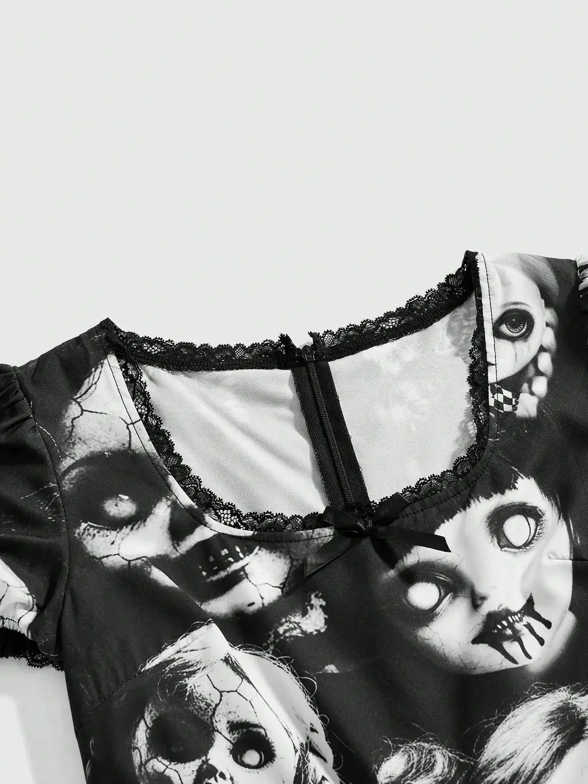 Women's Gothic-Inspired Graphic Print Mini Dress with Lace Patchwork and Puff Sleeves
