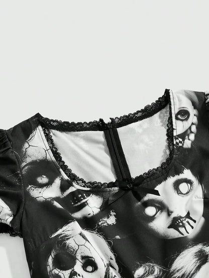 Women's Gothic-Inspired Graphic Print Mini Dress with Lace Patchwork and Puff Sleeves