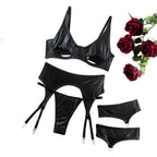 Faux Leather Wet-Look Three-Piece Lingerie Set with Garter Belt