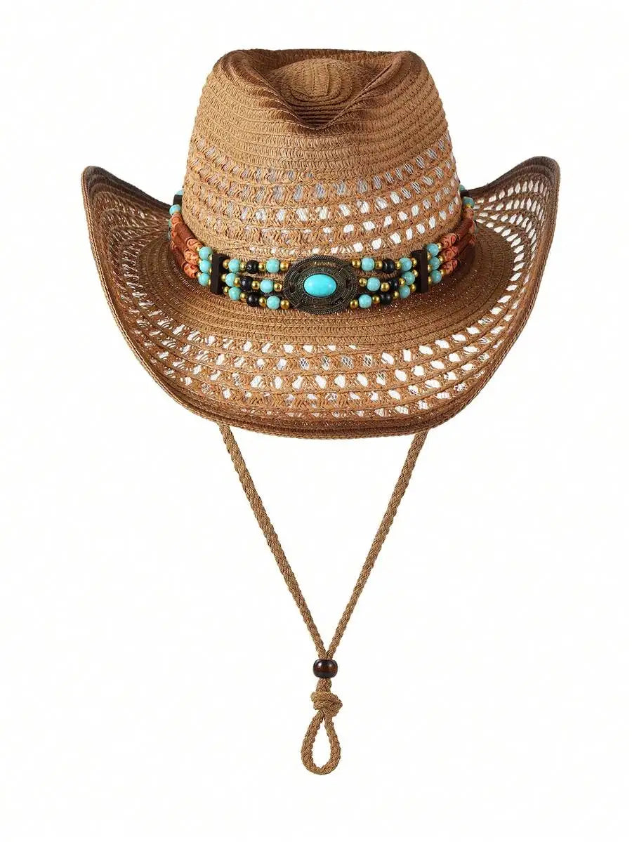 Unisex Wide Brim Straw Cowboy Hat with Decorative Beaded Trim for Outdoor Summer Adventures