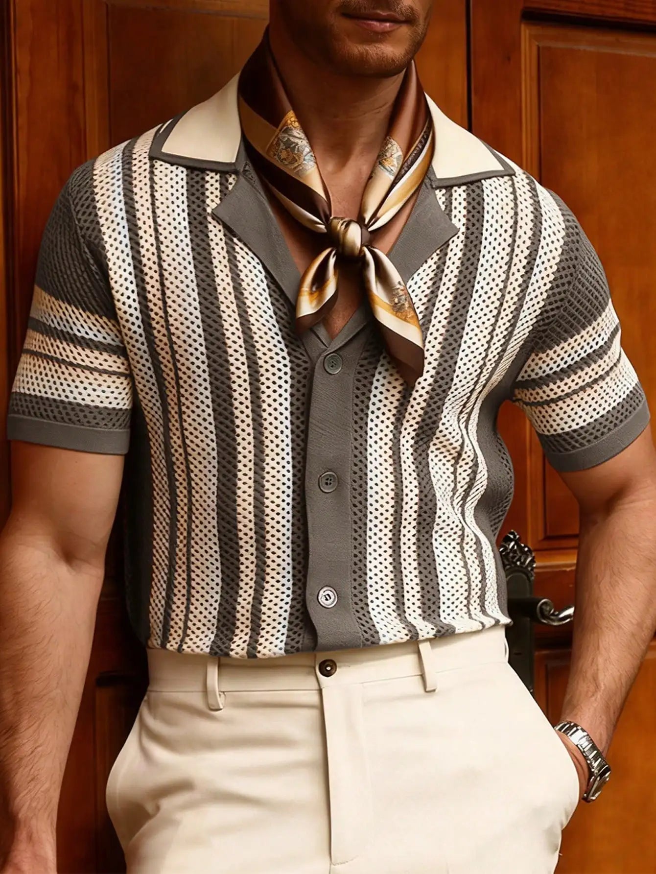 Men's Vertical Stripe Short Sleeve Knit Cardigan with Retro Summer Silhouette