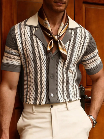 Men's Vertical Stripe Short Sleeve Knit Cardigan with Retro Summer Silhouette