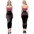 Sheer Black Mesh Bodycon Midi Dress with Floral Lace Bodice