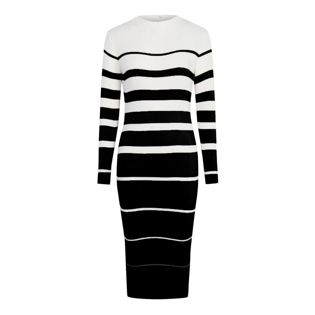 Minimalist Striped Knit Midi Dress with Casual Streetwear Styling