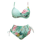 Floral Boho Print Square-Neck Two-Piece Bikini Set with High-Waisted Bottom and Feminine Contrast Detailing
