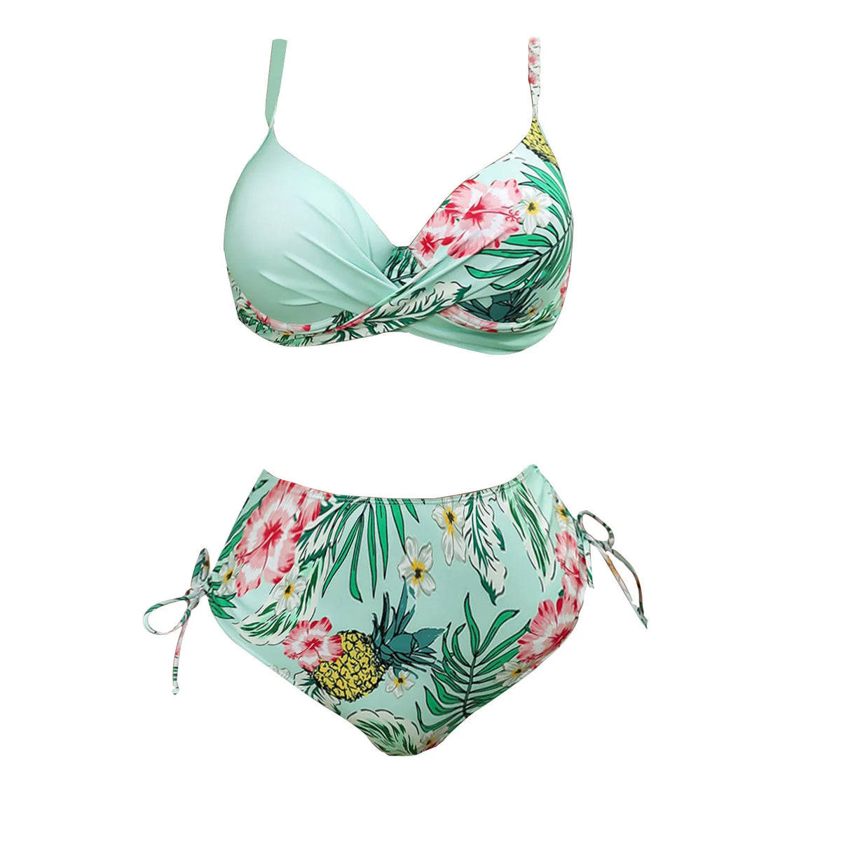 Floral Boho Print Square-Neck Two-Piece Bikini Set with High-Waisted Bottom and Feminine Contrast Detailing
