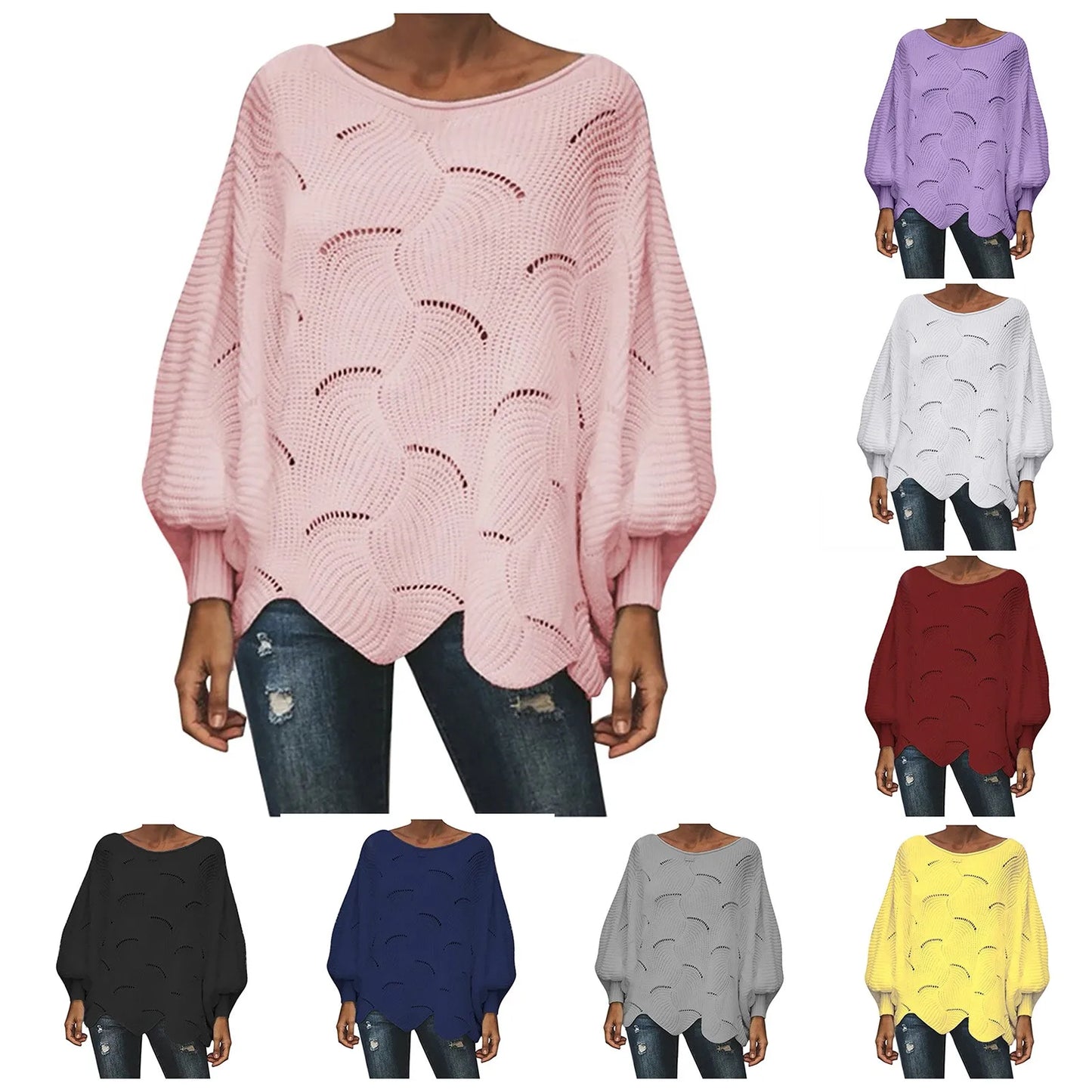 Women's Textured Knit Sweater with Cutout Pattern and Irregular Hem Design