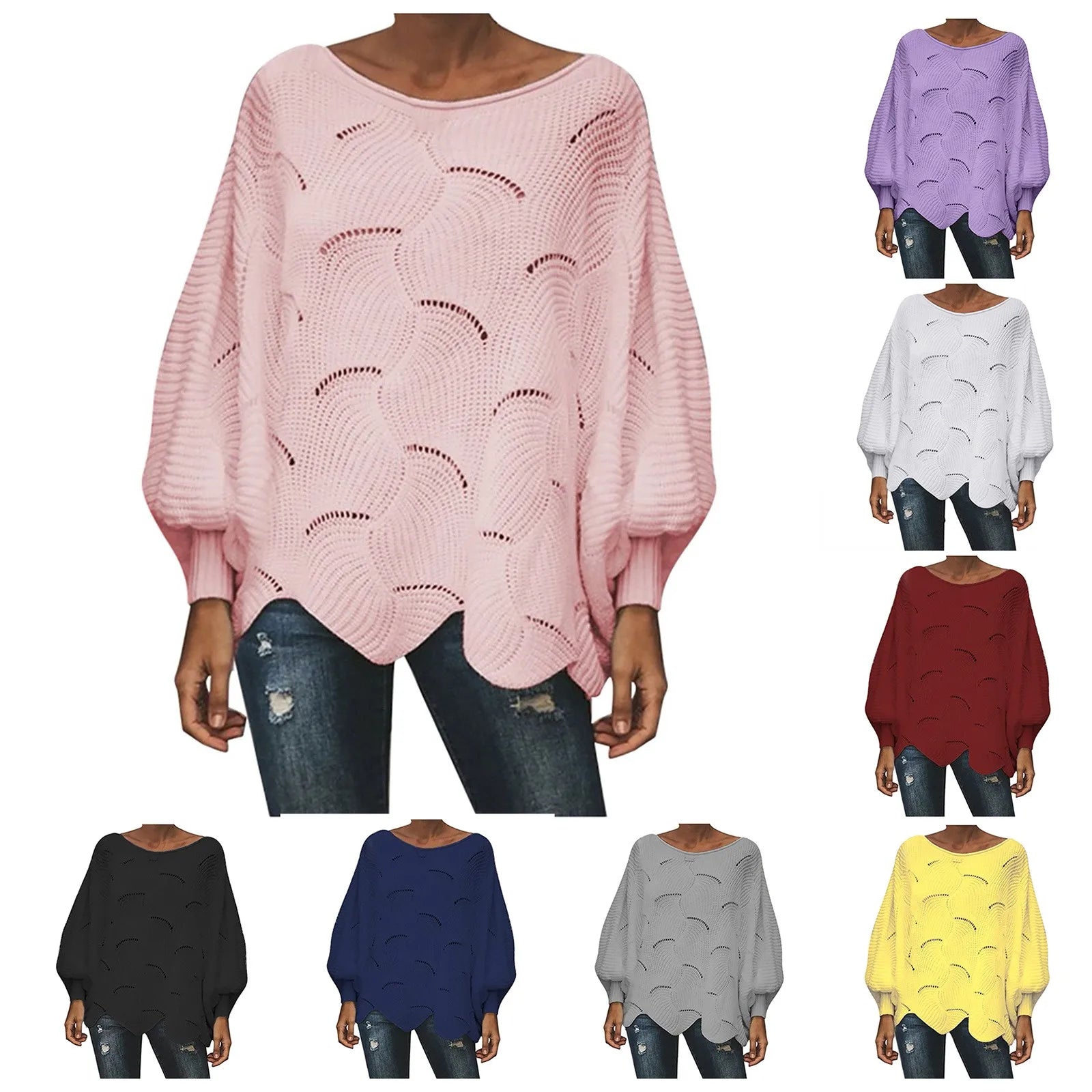 Women's Textured Knit Sweater with Cutout Pattern and Irregular Hem Design