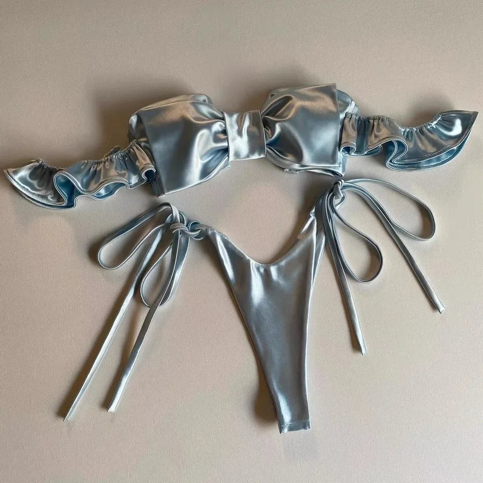 Metallic Pink Bandeau Bikini with Oversized Center Bow and Ruffled Trim