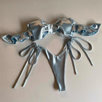 Metallic Pink Bandeau Bikini with Oversized Center Bow and Ruffled Trim