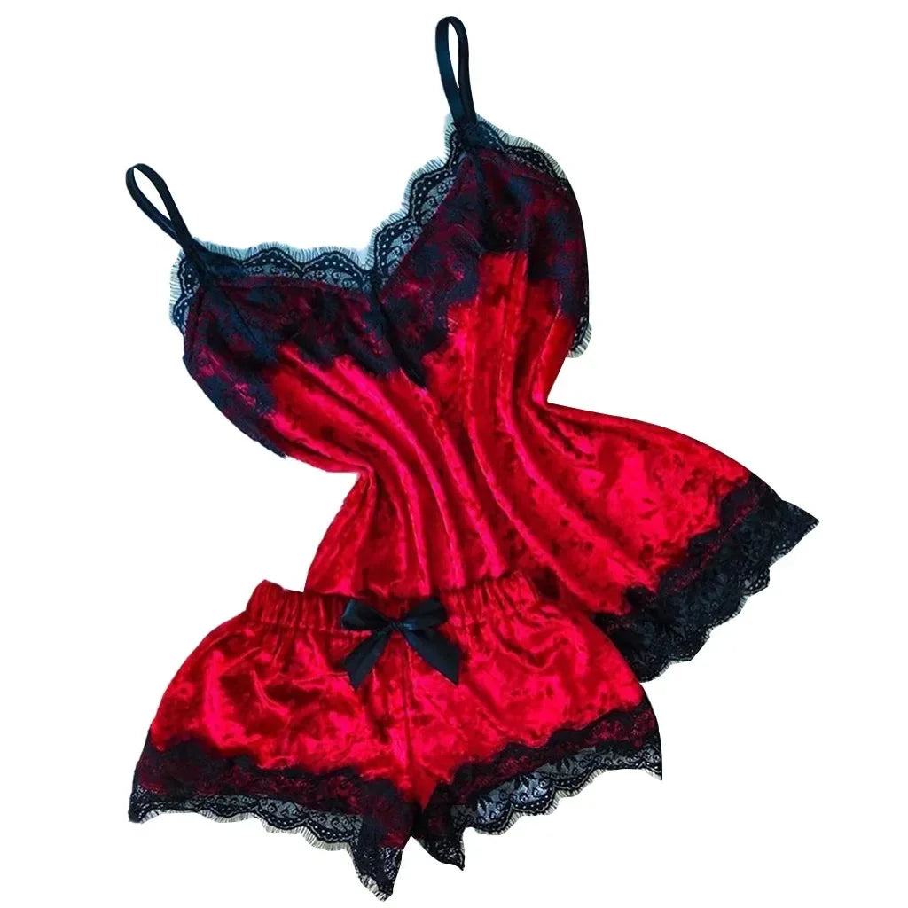 Women's Velvet Cami Pajama Set with Bow and Lace Trim, Sleeveless V-Neck Top and Matching Shorts, Elegant Summer Nightwear