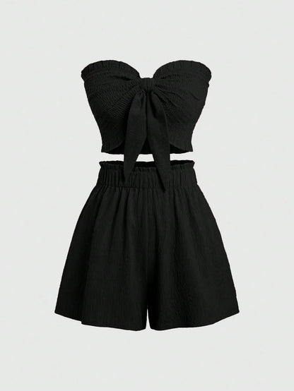 Front Knot Strapless Top and Shorts Summer Casual Co-Ord Set