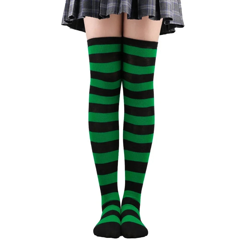 Striped Thigh High Socks with Stretch Knit Construction for Casual Y2K Streetwear Fashion