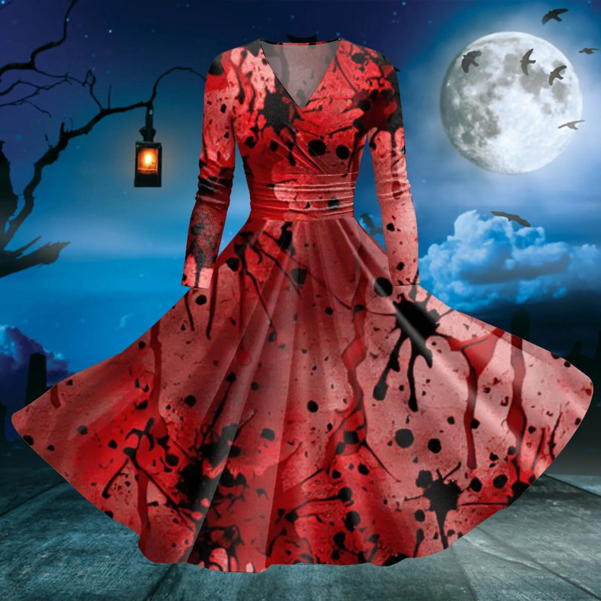 Dark Gothic Blood Print Fit and Flare Alternative Fashion Midi Dress - BigCat Streetwear