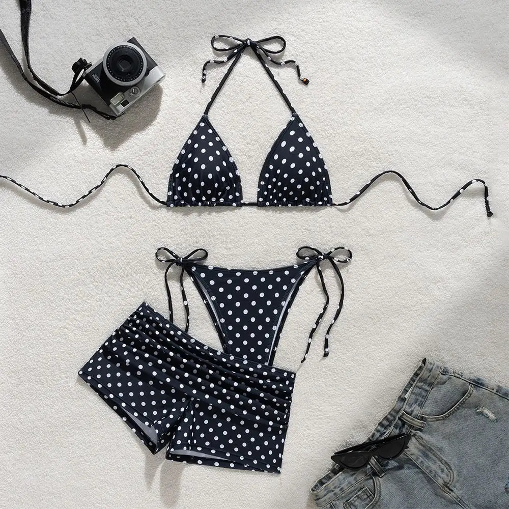 Classic Navy Polka Dot Three-Piece Bikini Set with Matching Swim Shorts