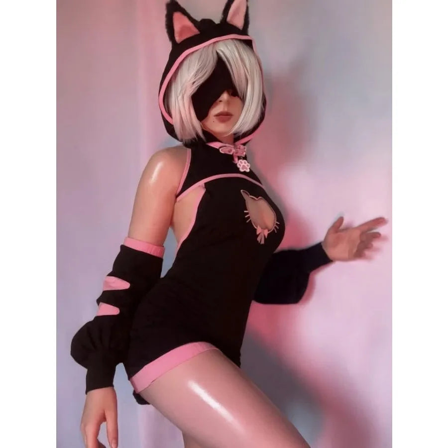 Women's Cat-Inspired Knit Dress with Hood, Paw Sleeve Covers and Matching Tail Accessory