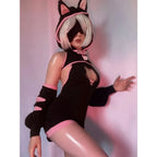 Women's Cat-Inspired Knit Dress with Hood, Paw Sleeve Covers and Matching Tail Accessory