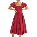 Square Neck Midi Dress with Puff Sleeves and Open Back Design