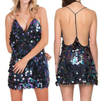 Sequin Backless Slip Mini Dress with Deep V Neck Party Silhouette