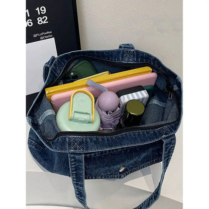 Distressed Denim Style Tote Shoulder Bag with Relaxed Carry Design