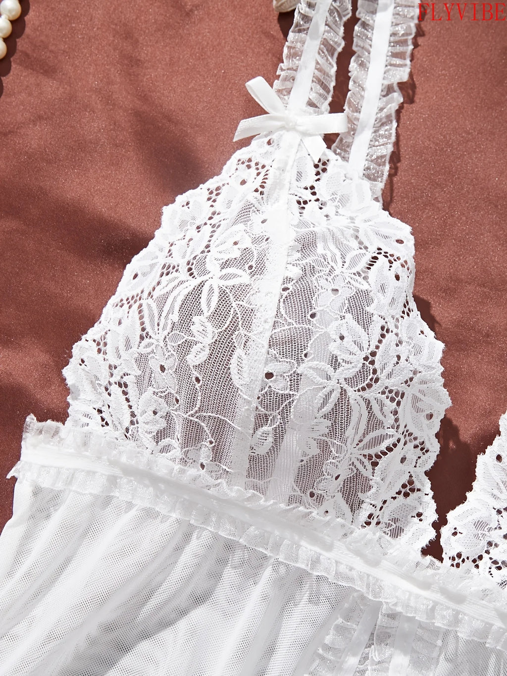 White Sheer Lace Camisole and Thong Lingerie Set with Delicate Straps, Floral Lace Detailing and Split-Hem Silhouette