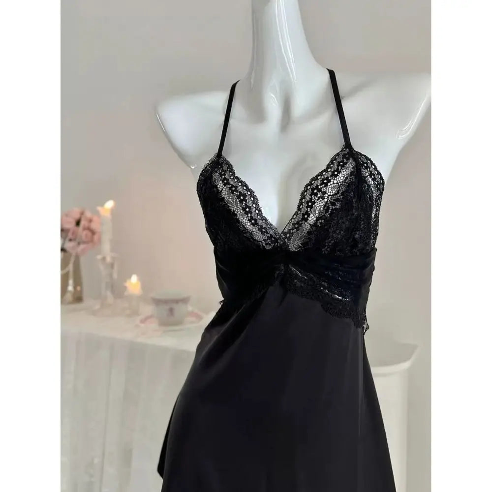 Soft Blush Pink Satin-Finish Nightgown with Sheer Lace Bodice and Halter Straps