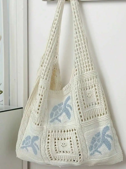 Crochet Knit Beach Tote Bag with Embroidered Coastal Inspired Pattern