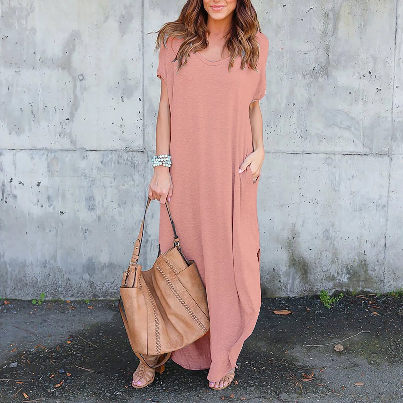 Oversized Short Sleeve Maxi Dress with Side Slit Relaxed Silhouette