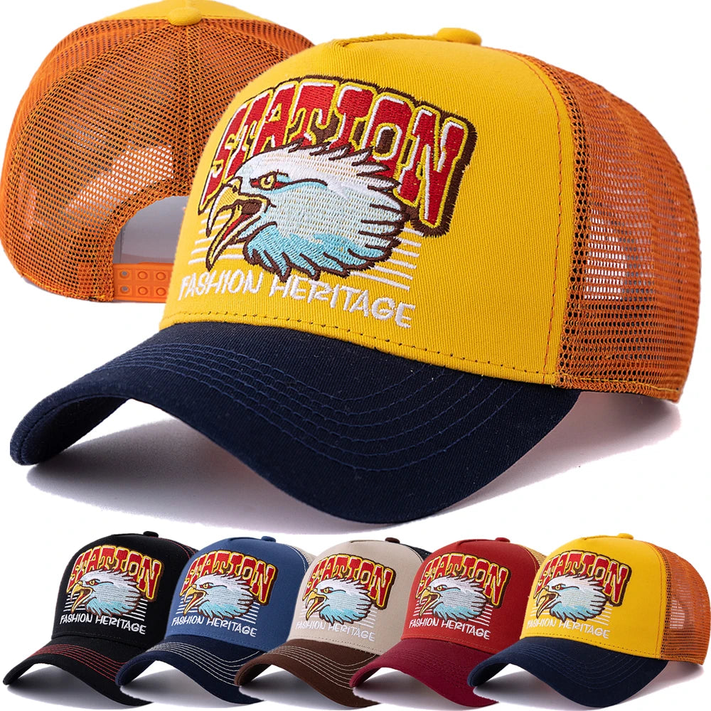 Unisex Breathable Mesh Trucker Cap with Graphic Patch for Casual Streetwear and Outdoor Style