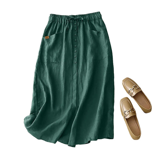 High Waist Button Front A-Line Midi Skirt with Side Slit Casual Everyday Style