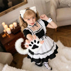 Complete Black and White Fox Maid Cosplay Set with Plush Paws, Tail, and Ear Headband