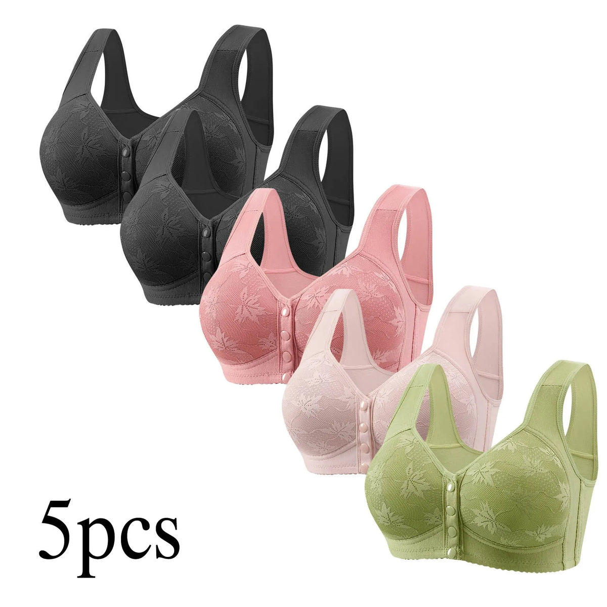 5-Piece Seamless Front-Button Bra Set in Solid Colors for Everyday Wear and Sleep