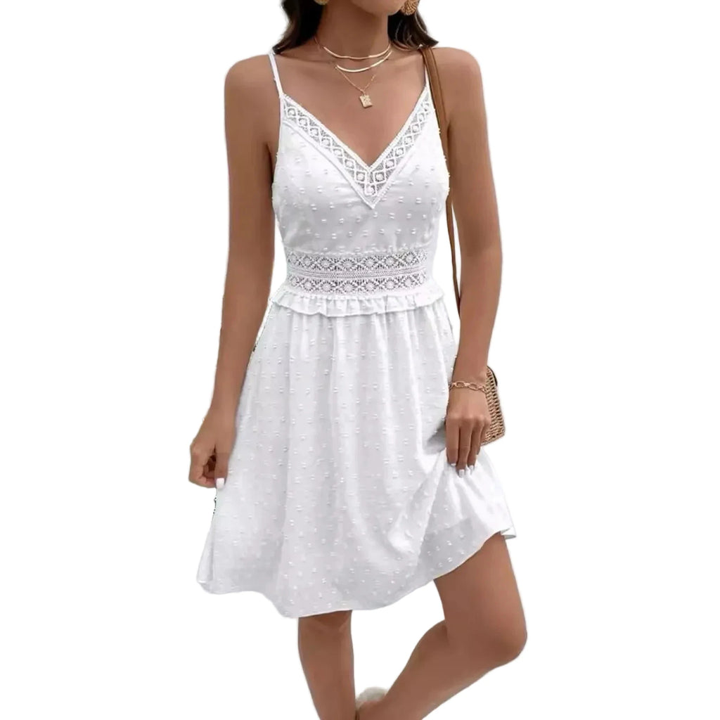 Sleeveless V-Neck Mini Dress with Lace Trim and Adjustable Straps