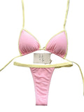 Pastel Pink Triangle String Bikini with Lemon Yellow Contrast Trim