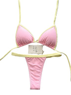 Pastel Pink Triangle String Bikini with Lemon Yellow Contrast Trim