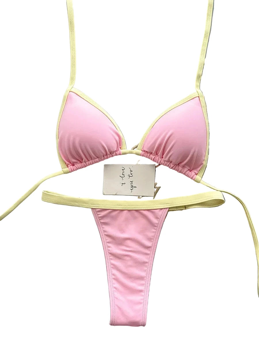 Pastel Pink Triangle String Bikini with Lemon Yellow Contrast Trim