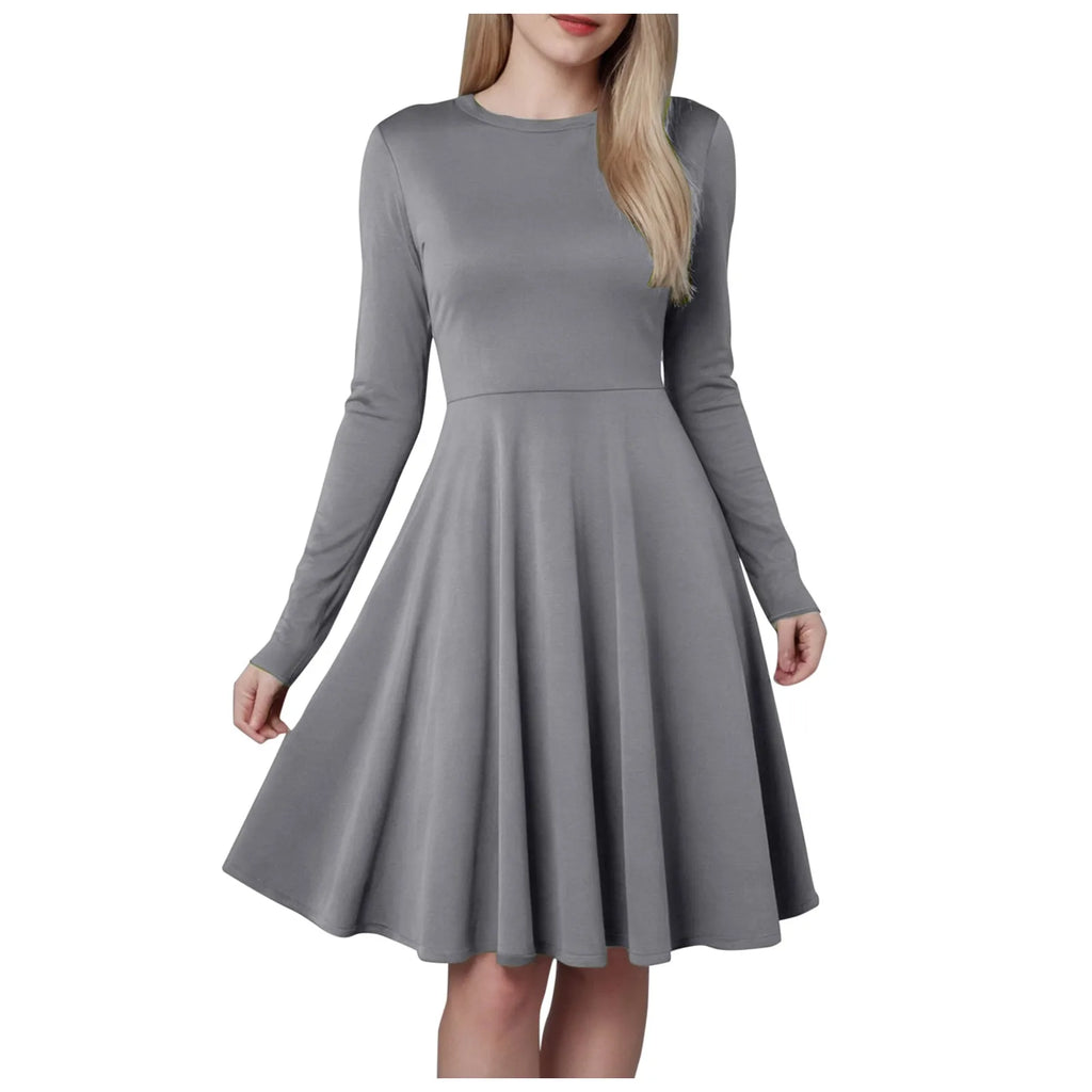 Elegant Solid Color Long-Sleeve A-Line Dress with High Waistline