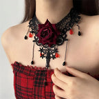Victorian Lace Choker Necklace with Teardrop Charms for Gothic Dark Feminine Fashion Looks