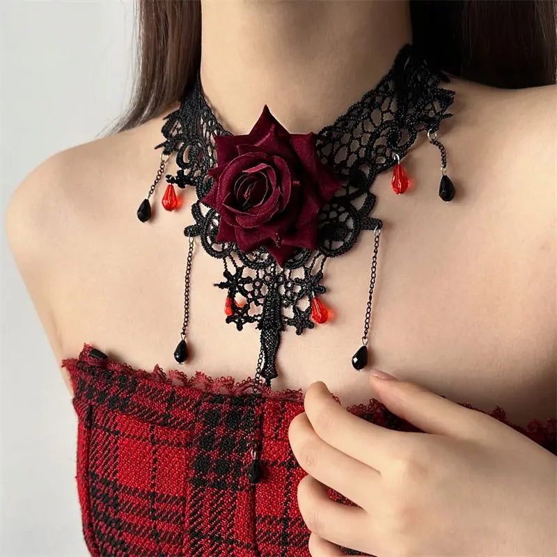 Victorian Lace Choker Necklace with Teardrop Charms for Gothic Dark Feminine Fashion Looks