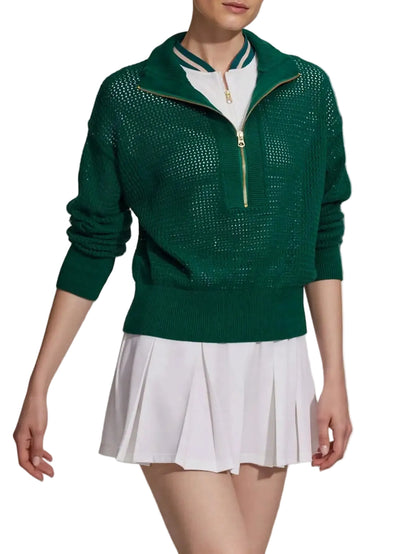 Women's Half-Zip Long Sleeve Performance Knit Top with Stand Collar Contemporary Activewear Style