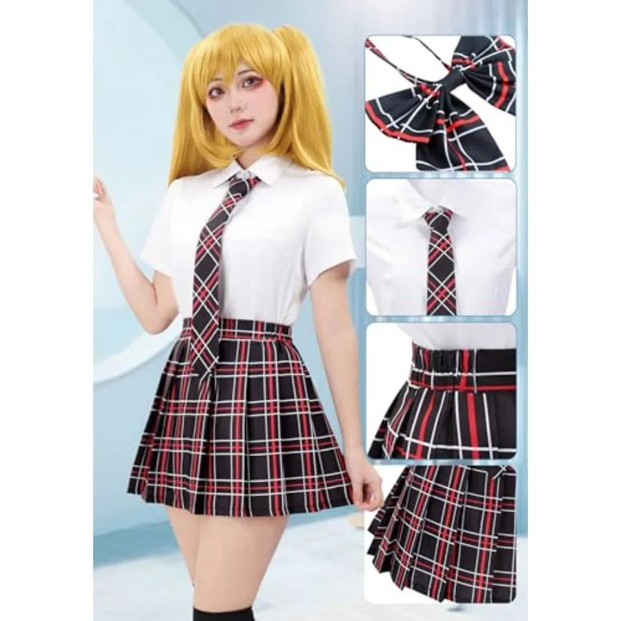Women's Pleated School-Inspired Uniform Set with Short Sleeve Top, Bow Tie and Matching Accessories