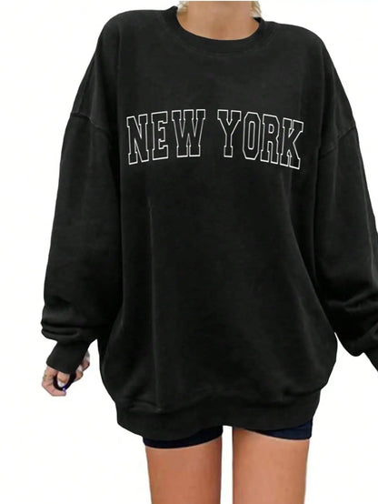 Women's Oversized Embroidered Crew Neck Sweatshirt with Drop Shoulders for Modern Streetwear Fashion