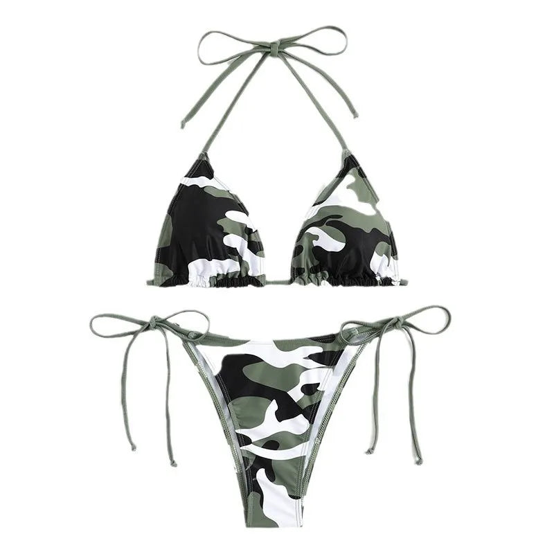 Classic Camouflage Print Triangle String Bikini with Tie-Side Bottoms